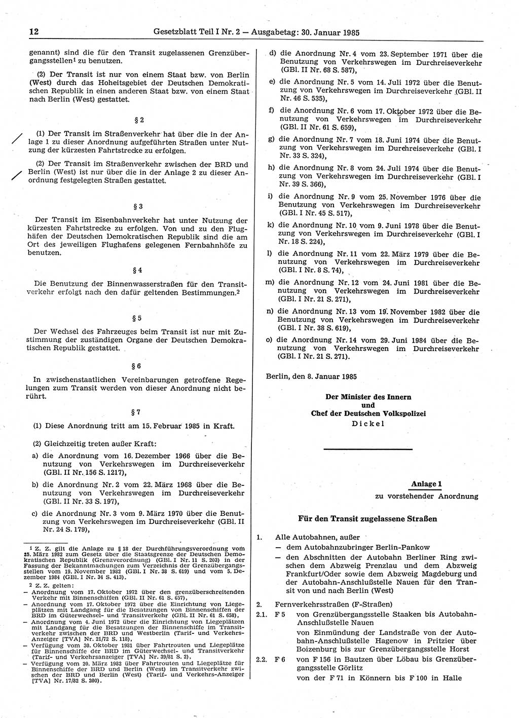 Gesetzblatt (GBl.) der Deutschen Demokratischen Republik (DDR) Teil Ⅰ 1985, Seite 12 (GBl. DDR Ⅰ 1985, S. 12)