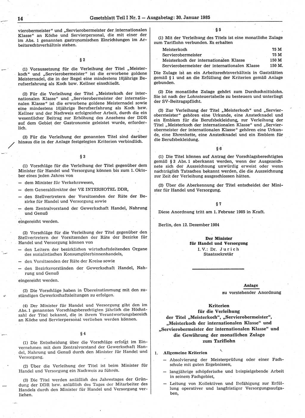 Gesetzblatt (GBl.) der Deutschen Demokratischen Republik (DDR) Teil Ⅰ 1985, Seite 14 (GBl. DDR Ⅰ 1985, S. 14)