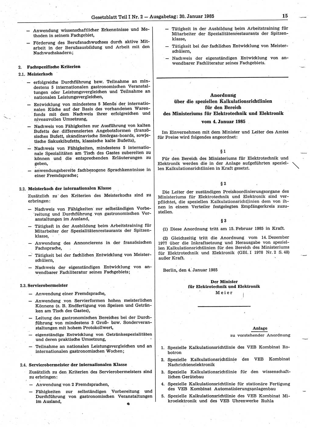 Gesetzblatt (GBl.) der Deutschen Demokratischen Republik (DDR) Teil Ⅰ 1985, Seite 15 (GBl. DDR Ⅰ 1985, S. 15)
