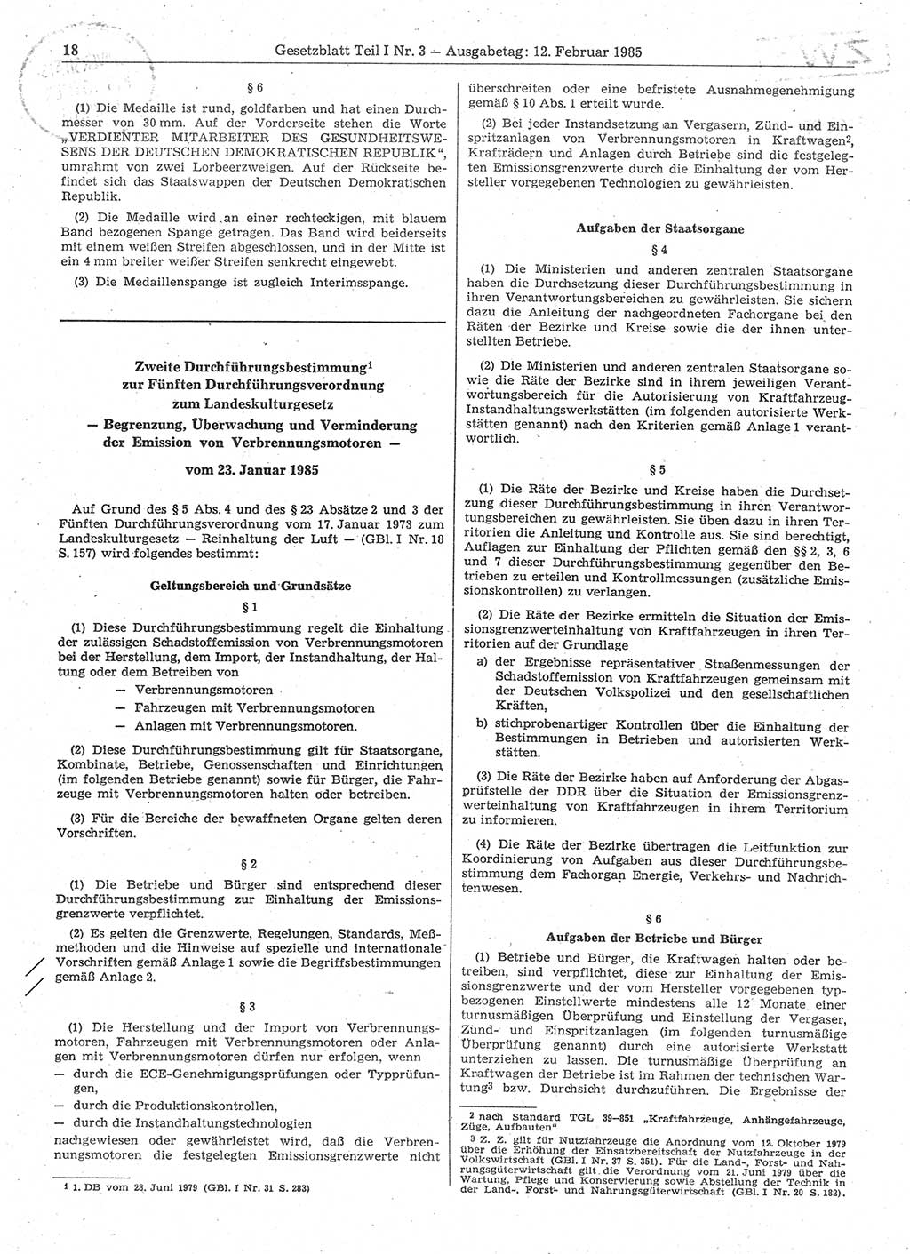 Gesetzblatt (GBl.) der Deutschen Demokratischen Republik (DDR) Teil Ⅰ 1985, Seite 18 (GBl. DDR Ⅰ 1985, S. 18)