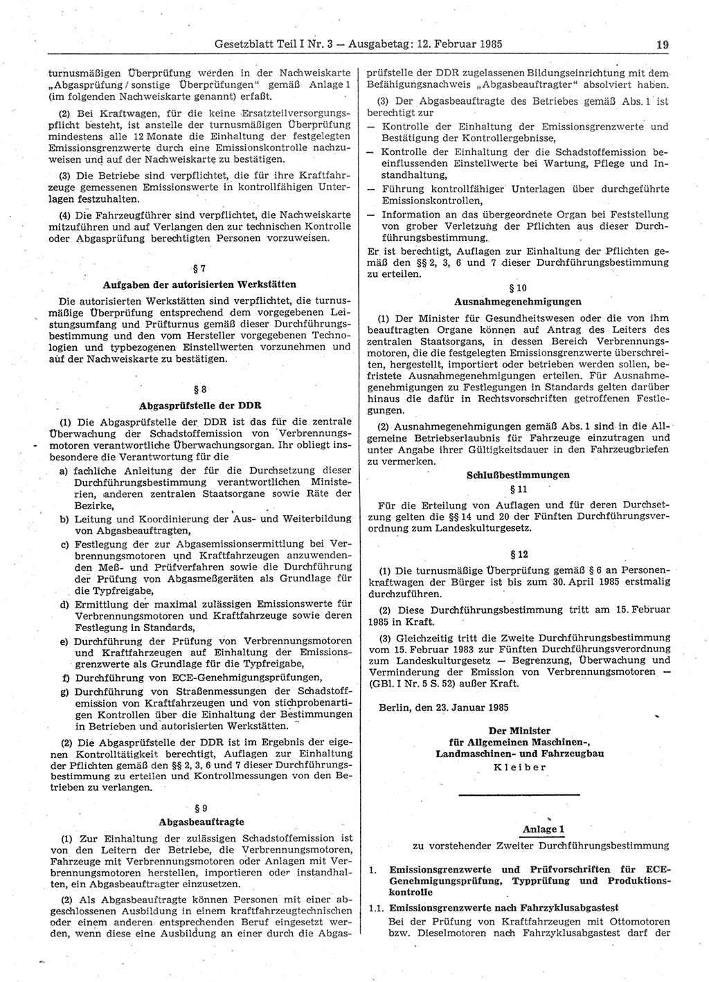 Gesetzblatt (GBl.) der Deutschen Demokratischen Republik (DDR) Teil Ⅰ 1985, Seite 19 (GBl. DDR Ⅰ 1985, S. 19)