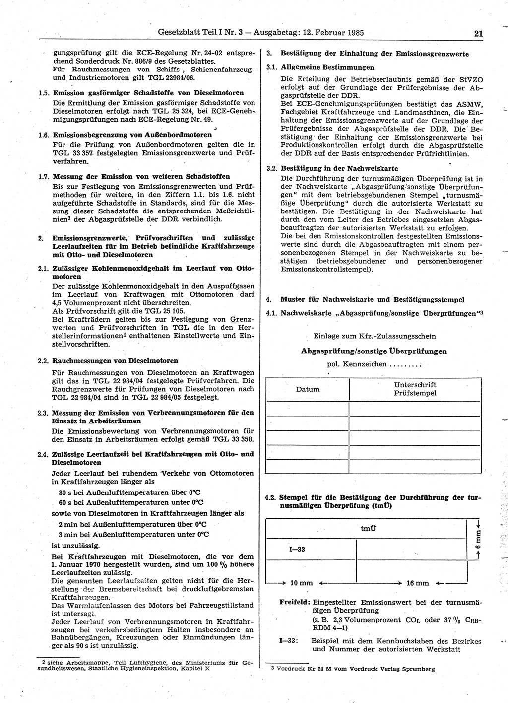 Gesetzblatt (GBl.) der Deutschen Demokratischen Republik (DDR) Teil Ⅰ 1985, Seite 21 (GBl. DDR Ⅰ 1985, S. 21)