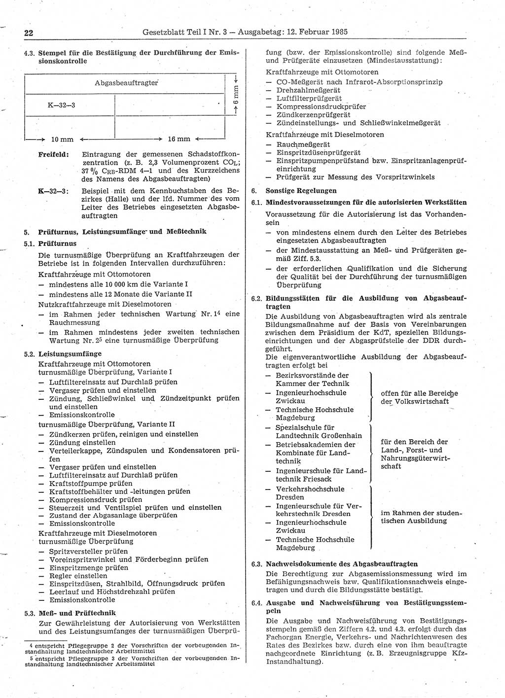 Gesetzblatt (GBl.) der Deutschen Demokratischen Republik (DDR) Teil Ⅰ 1985, Seite 22 (GBl. DDR Ⅰ 1985, S. 22)