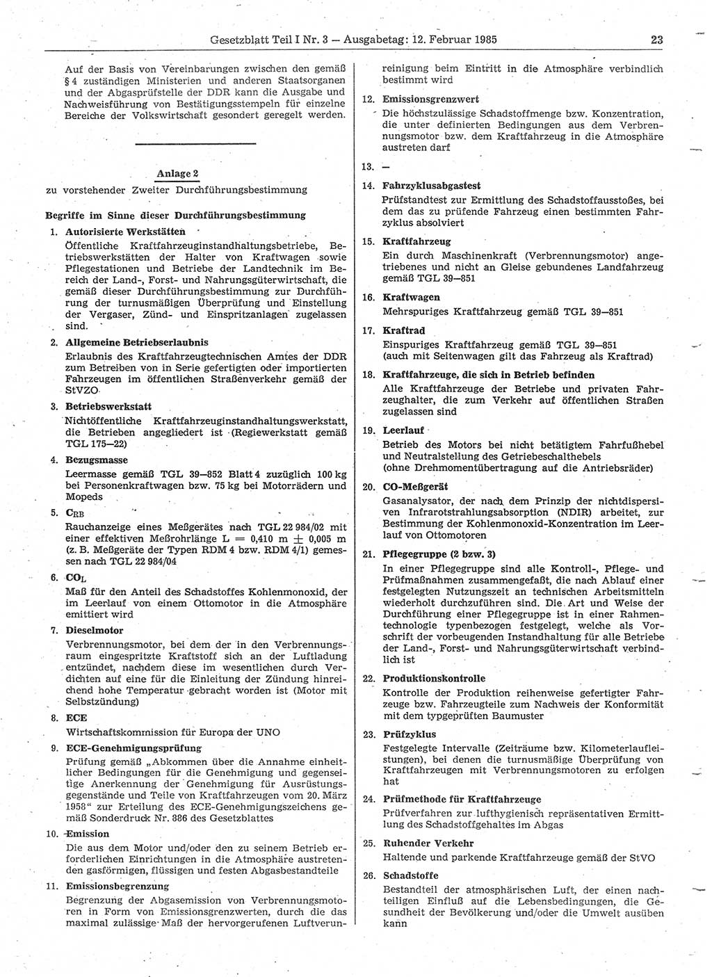 Gesetzblatt (GBl.) der Deutschen Demokratischen Republik (DDR) Teil Ⅰ 1985, Seite 23 (GBl. DDR Ⅰ 1985, S. 23)