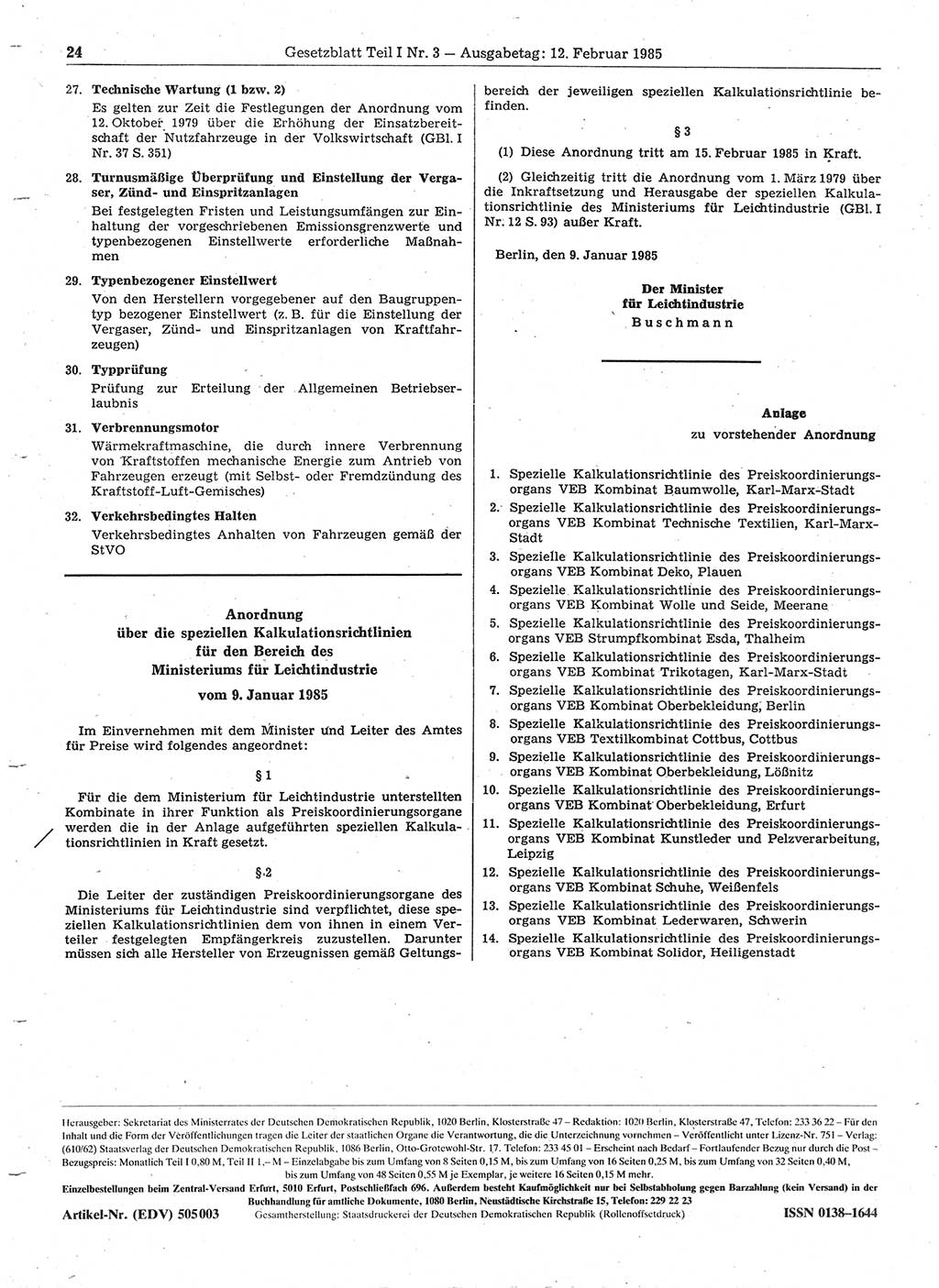 Gesetzblatt (GBl.) der Deutschen Demokratischen Republik (DDR) Teil Ⅰ 1985, Seite 24 (GBl. DDR Ⅰ 1985, S. 24)
