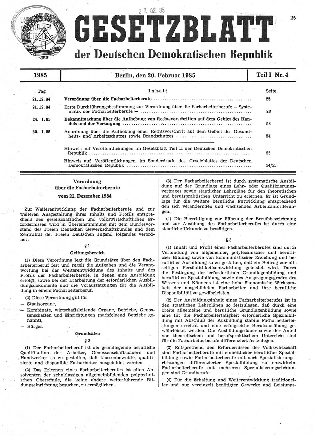 Gesetzblatt (GBl.) der Deutschen Demokratischen Republik (DDR) Teil Ⅰ 1985, Seite 25 (GBl. DDR Ⅰ 1985, S. 25)