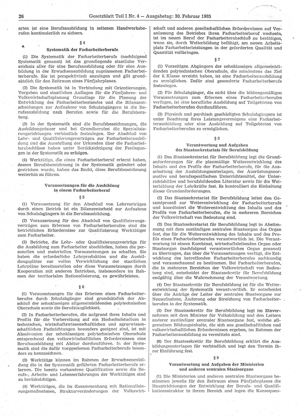 Gesetzblatt (GBl.) der Deutschen Demokratischen Republik (DDR) Teil Ⅰ 1985, Seite 26 (GBl. DDR Ⅰ 1985, S. 26)