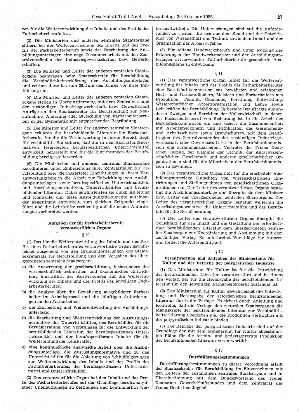Gesetzblatt (GBl.) der Deutschen Demokratischen Republik (DDR) Teil Ⅰ 1985, Seite 27 (GBl. DDR Ⅰ 1985, S. 27)