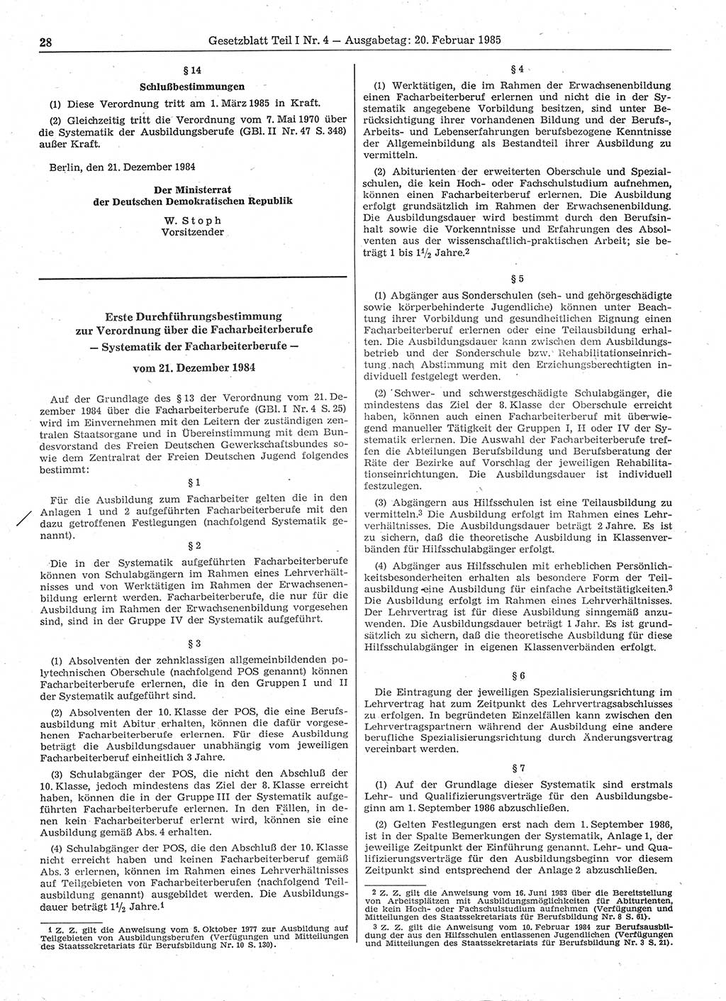 Gesetzblatt (GBl.) der Deutschen Demokratischen Republik (DDR) Teil Ⅰ 1985, Seite 28 (GBl. DDR Ⅰ 1985, S. 28)