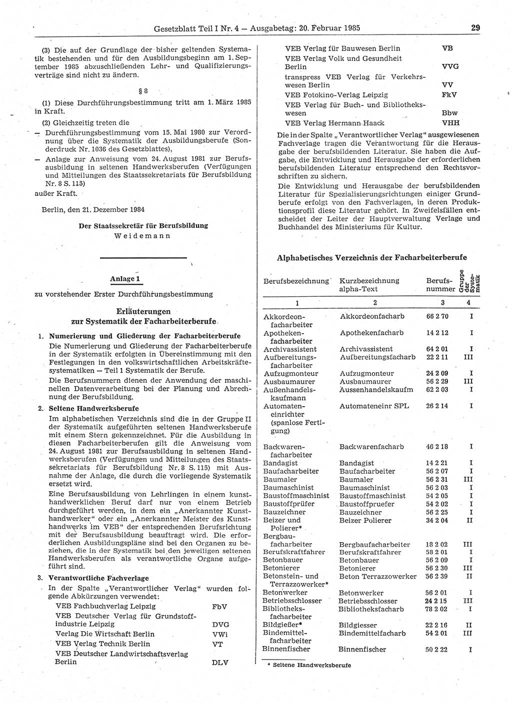 Gesetzblatt (GBl.) der Deutschen Demokratischen Republik (DDR) Teil Ⅰ 1985, Seite 29 (GBl. DDR Ⅰ 1985, S. 29)