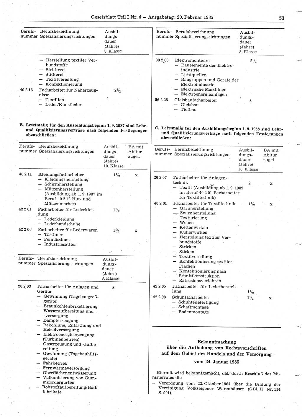 Gesetzblatt (GBl.) der Deutschen Demokratischen Republik (DDR) Teil Ⅰ 1985, Seite 53 (GBl. DDR Ⅰ 1985, S. 53)