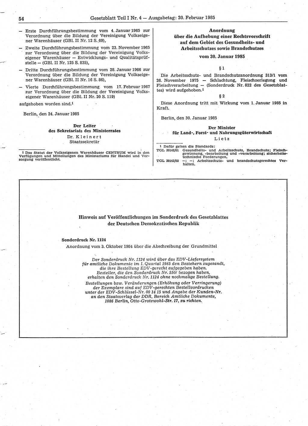 Gesetzblatt (GBl.) der Deutschen Demokratischen Republik (DDR) Teil Ⅰ 1985, Seite 54 (GBl. DDR Ⅰ 1985, S. 54)