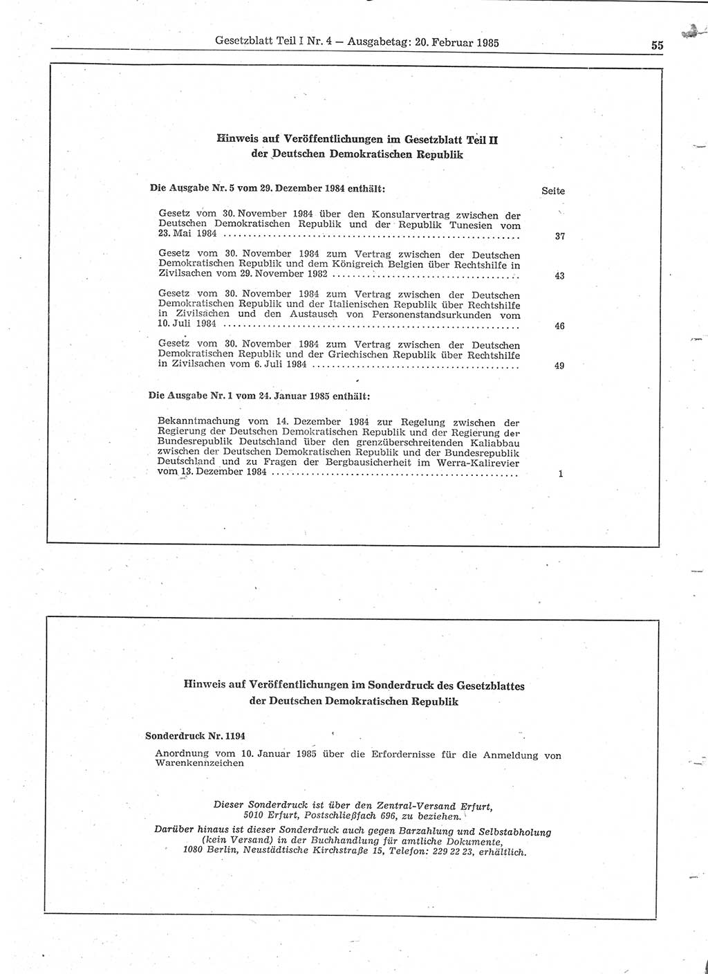 Gesetzblatt (GBl.) der Deutschen Demokratischen Republik (DDR) Teil Ⅰ 1985, Seite 55 (GBl. DDR Ⅰ 1985, S. 55)