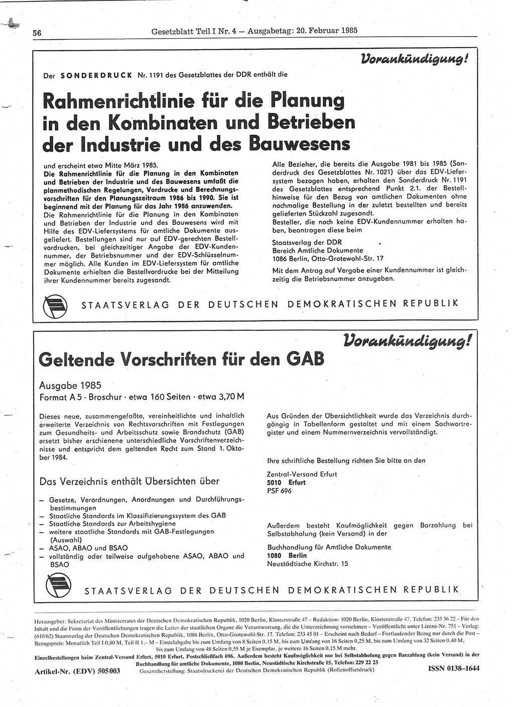 Gesetzblatt (GBl.) der Deutschen Demokratischen Republik (DDR) Teil Ⅰ 1985, Seite 56 (GBl. DDR Ⅰ 1985, S. 56)