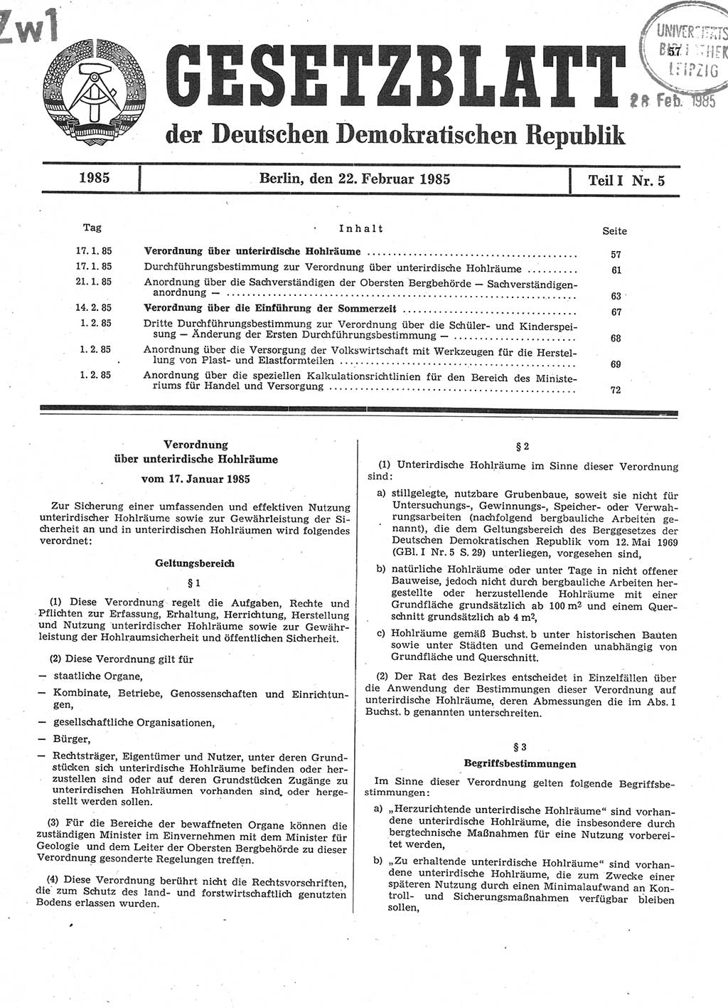 Gesetzblatt (GBl.) der Deutschen Demokratischen Republik (DDR) Teil Ⅰ 1985, Seite 57 (GBl. DDR Ⅰ 1985, S. 57)