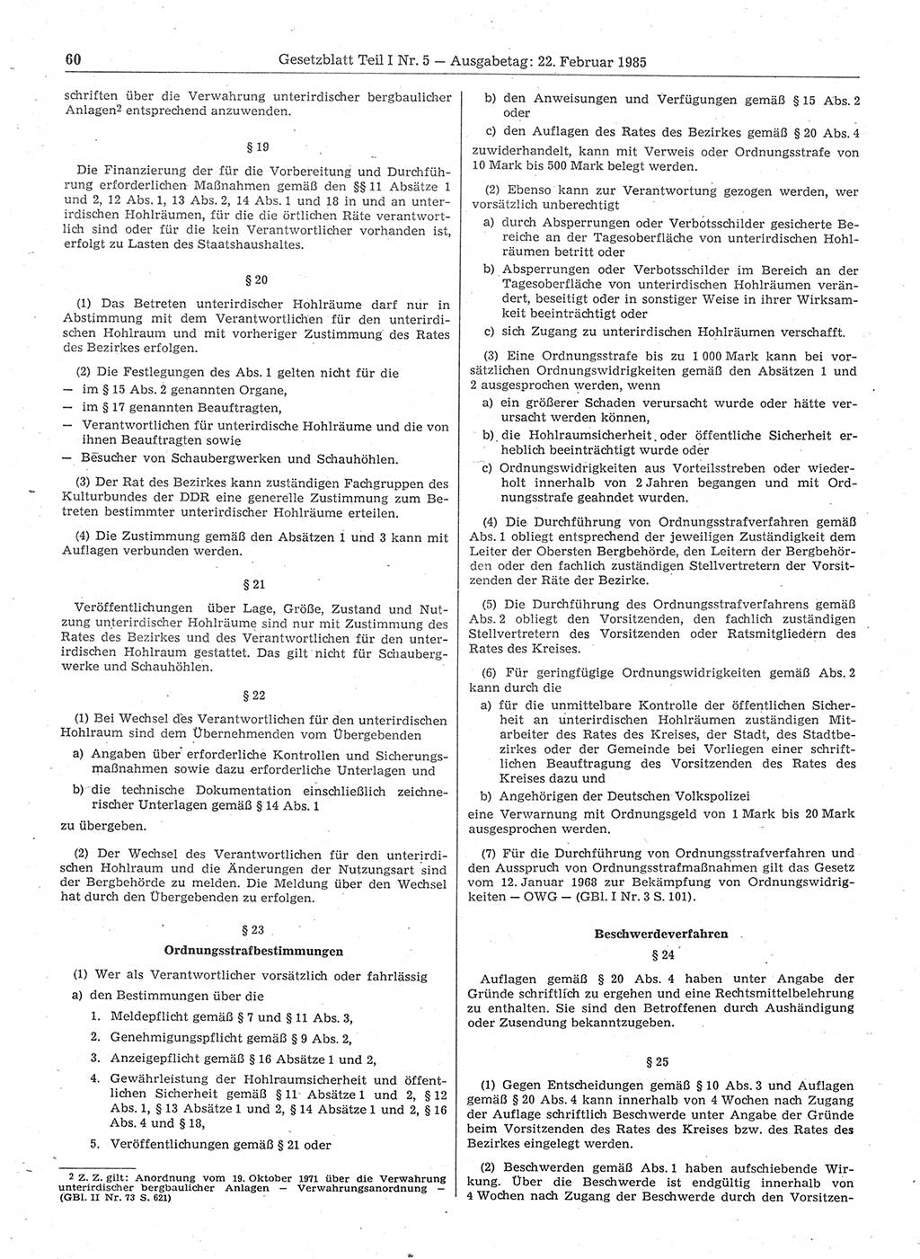 Gesetzblatt (GBl.) der Deutschen Demokratischen Republik (DDR) Teil Ⅰ 1985, Seite 60 (GBl. DDR Ⅰ 1985, S. 60)