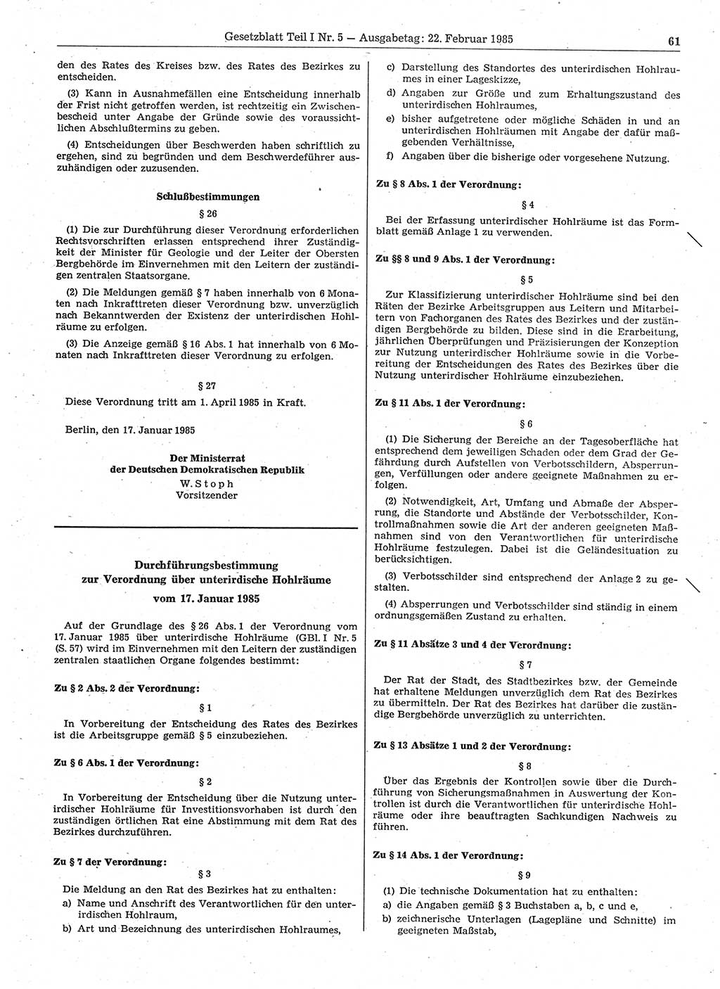 Gesetzblatt (GBl.) der Deutschen Demokratischen Republik (DDR) Teil Ⅰ 1985, Seite 61 (GBl. DDR Ⅰ 1985, S. 61)