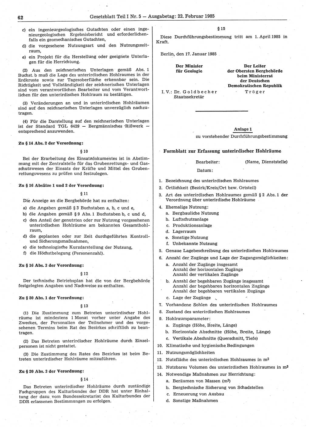 Gesetzblatt (GBl.) der Deutschen Demokratischen Republik (DDR) Teil Ⅰ 1985, Seite 62 (GBl. DDR Ⅰ 1985, S. 62)
