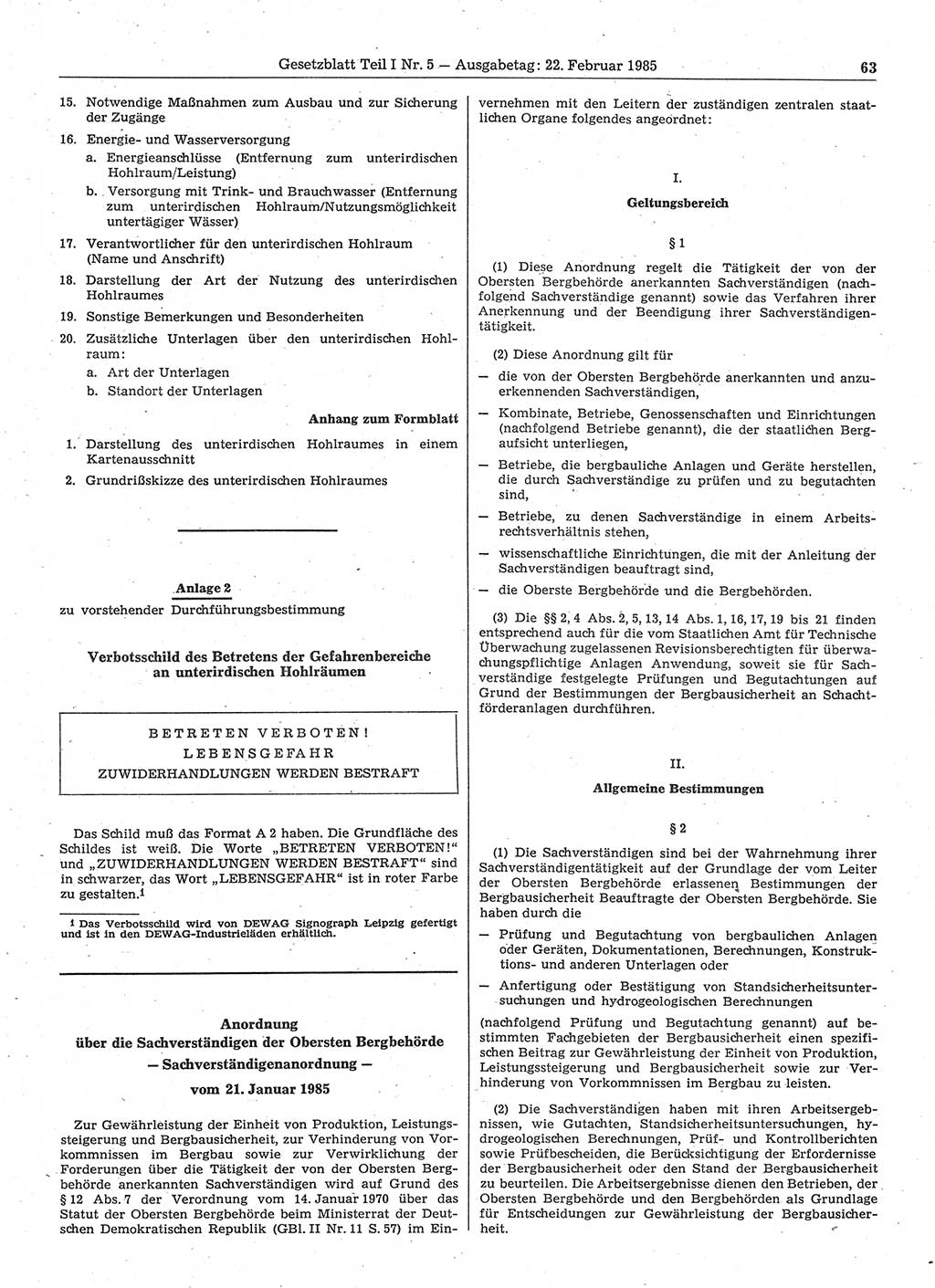 Gesetzblatt (GBl.) der Deutschen Demokratischen Republik (DDR) Teil Ⅰ 1985, Seite 63 (GBl. DDR Ⅰ 1985, S. 63)