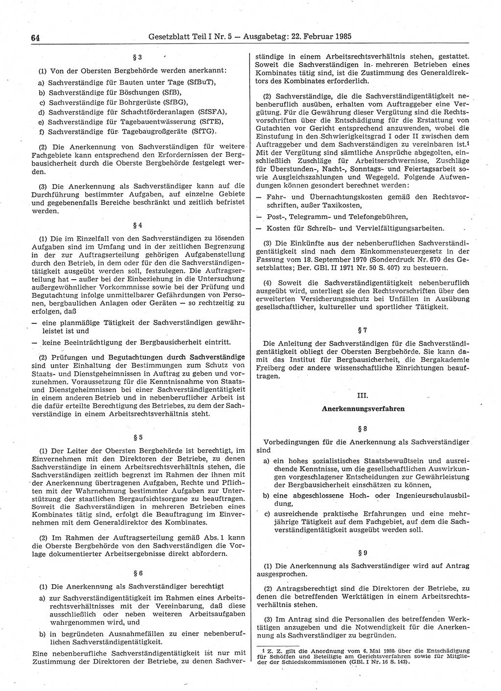 Gesetzblatt (GBl.) der Deutschen Demokratischen Republik (DDR) Teil Ⅰ 1985, Seite 64 (GBl. DDR Ⅰ 1985, S. 64)