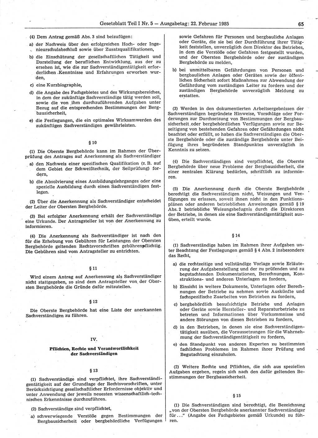Gesetzblatt (GBl.) der Deutschen Demokratischen Republik (DDR) Teil Ⅰ 1985, Seite 65 (GBl. DDR Ⅰ 1985, S. 65)