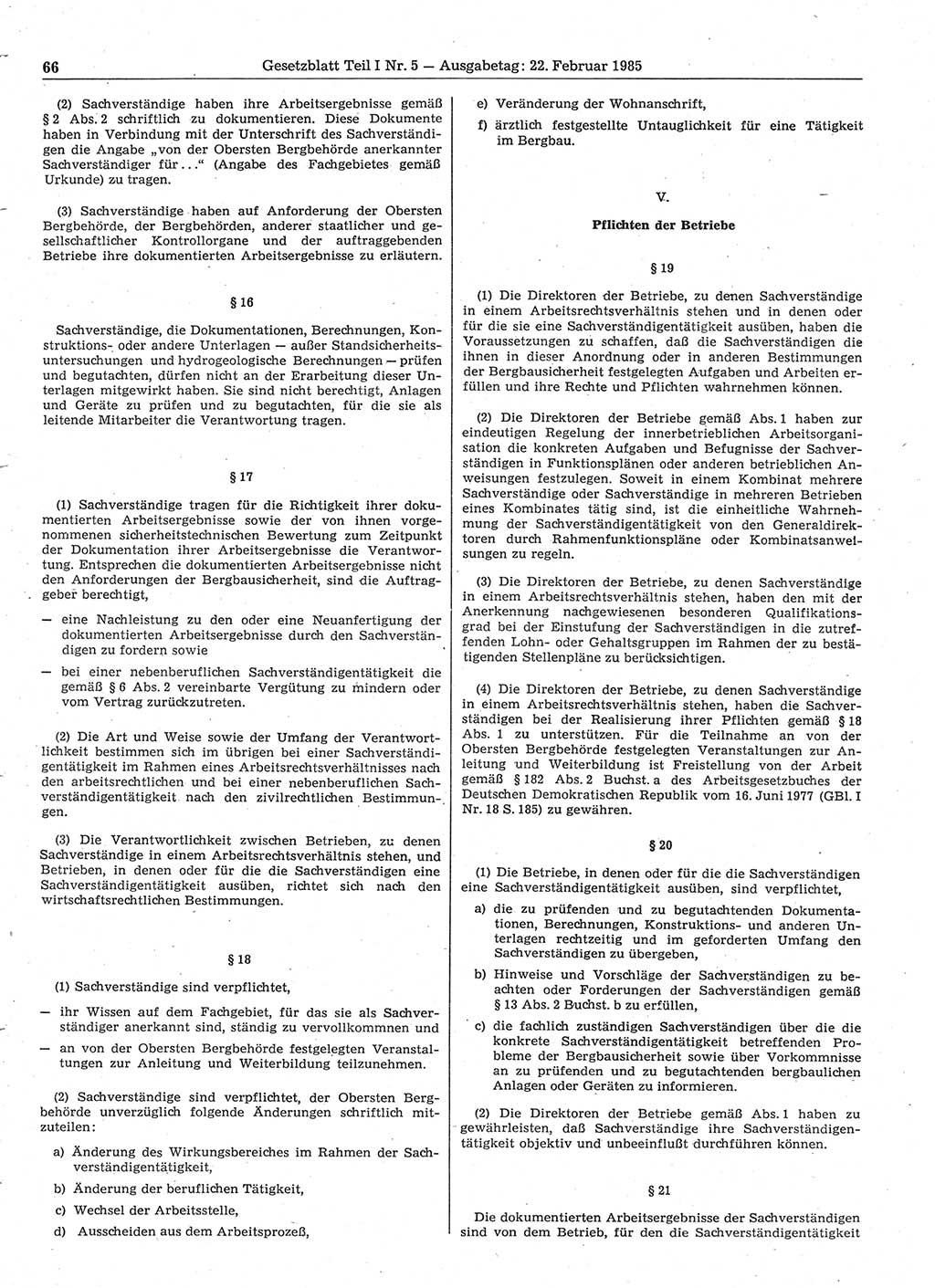 Gesetzblatt (GBl.) der Deutschen Demokratischen Republik (DDR) Teil Ⅰ 1985, Seite 66 (GBl. DDR Ⅰ 1985, S. 66)