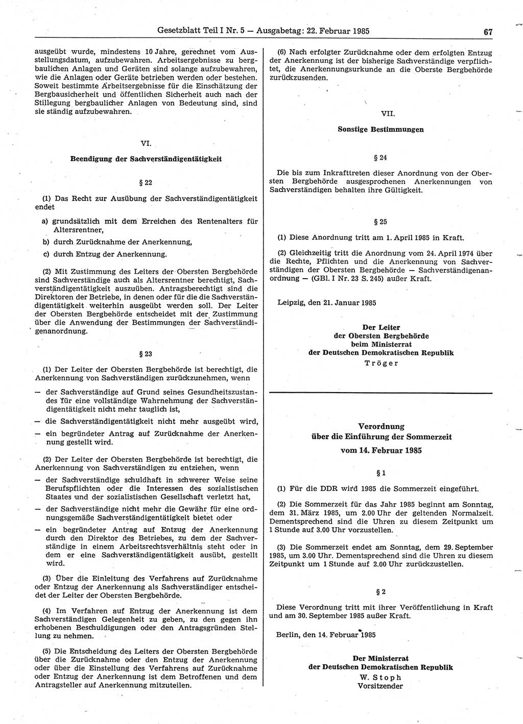 Gesetzblatt (GBl.) der Deutschen Demokratischen Republik (DDR) Teil Ⅰ 1985, Seite 67 (GBl. DDR Ⅰ 1985, S. 67)