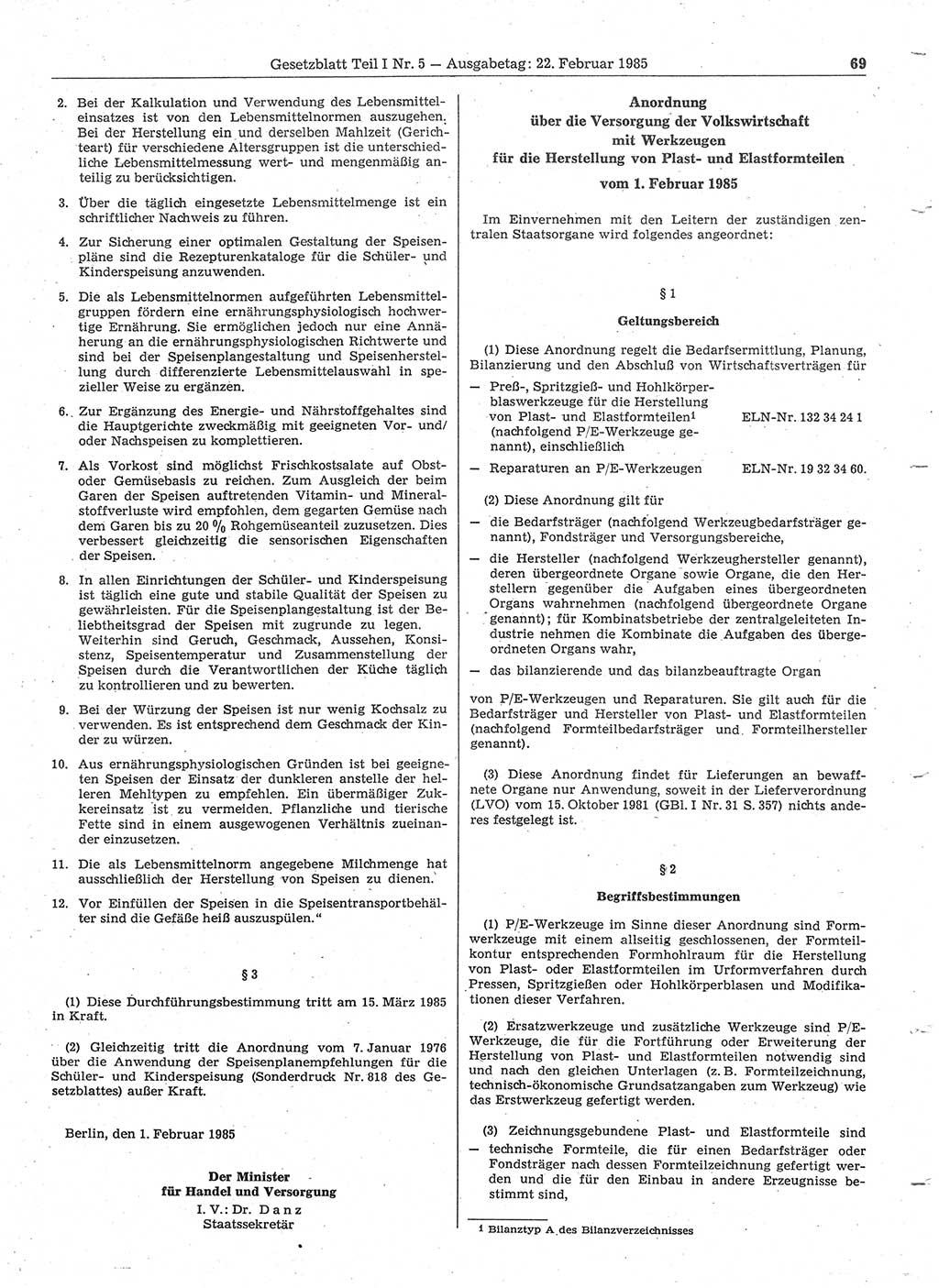 Gesetzblatt (GBl.) der Deutschen Demokratischen Republik (DDR) Teil Ⅰ 1985, Seite 69 (GBl. DDR Ⅰ 1985, S. 69)