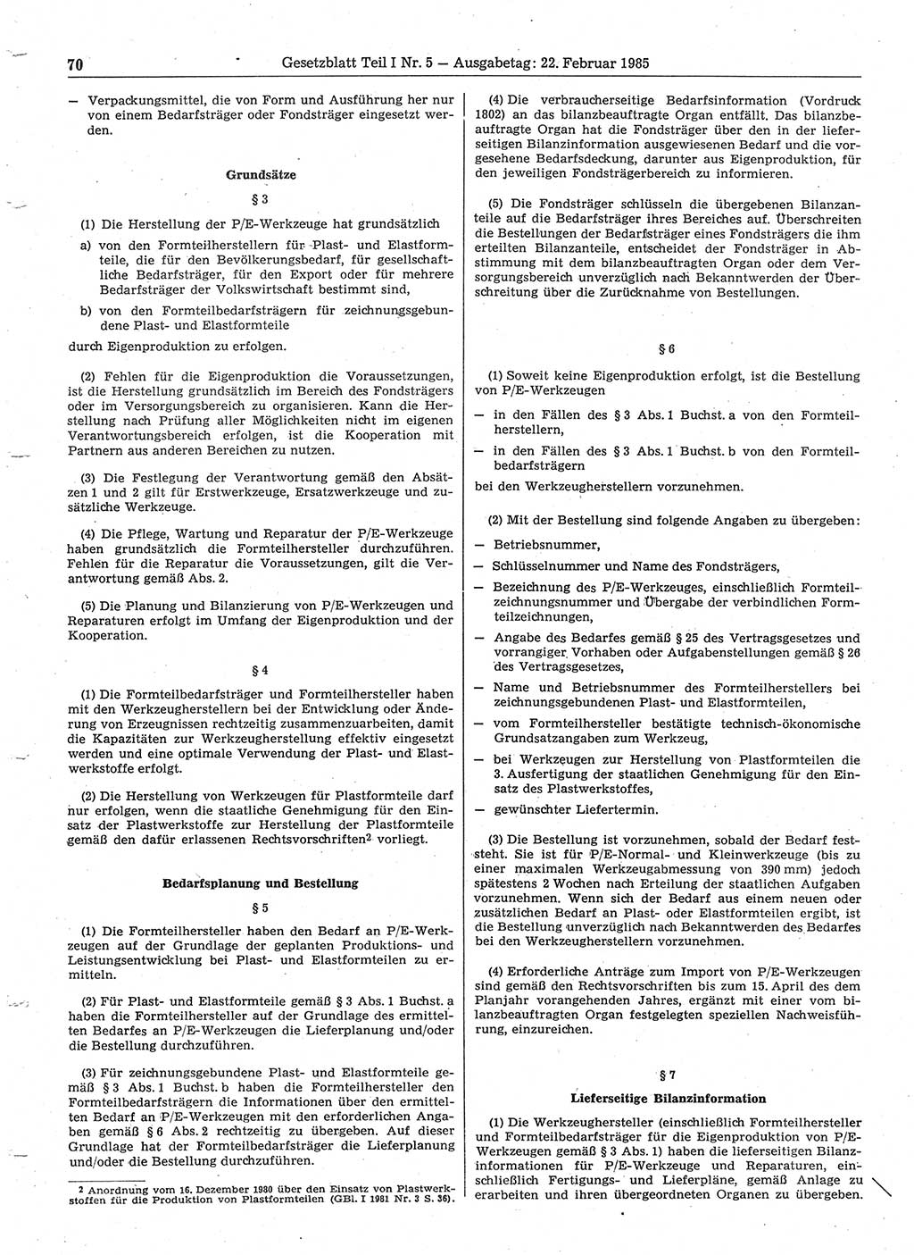 Gesetzblatt (GBl.) der Deutschen Demokratischen Republik (DDR) Teil Ⅰ 1985, Seite 70 (GBl. DDR Ⅰ 1985, S. 70)