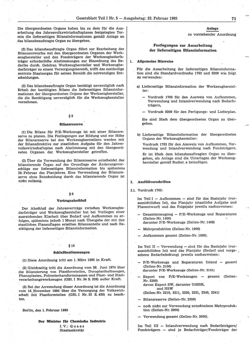 Gesetzblatt (GBl.) der Deutschen Demokratischen Republik (DDR) Teil Ⅰ 1985, Seite 71 (GBl. DDR Ⅰ 1985, S. 71)