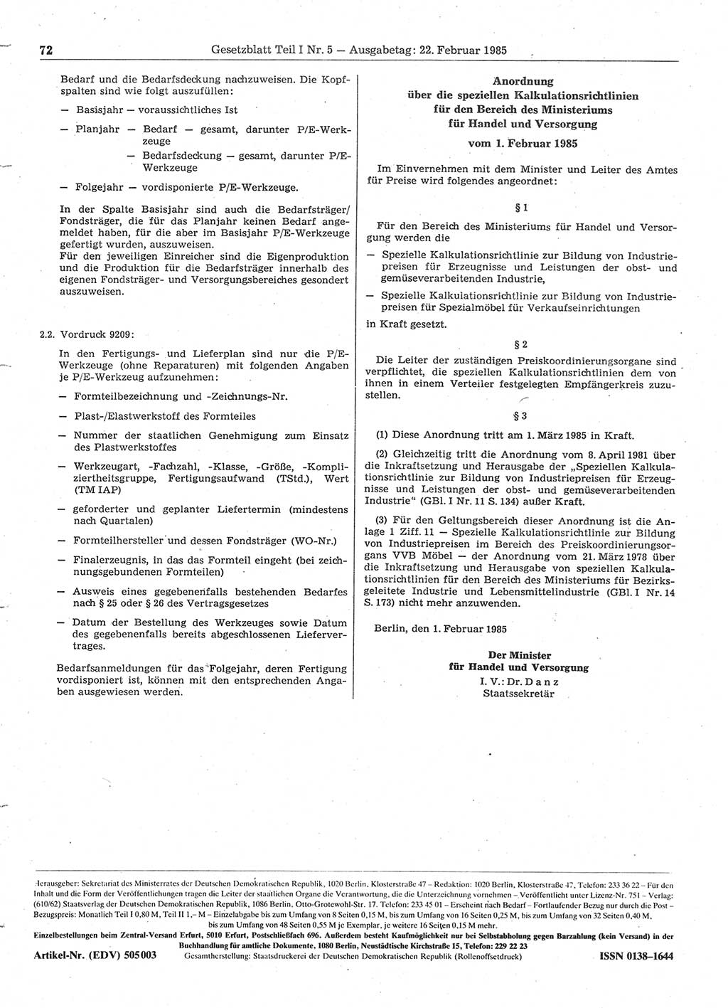 Gesetzblatt (GBl.) der Deutschen Demokratischen Republik (DDR) Teil Ⅰ 1985, Seite 72 (GBl. DDR Ⅰ 1985, S. 72)