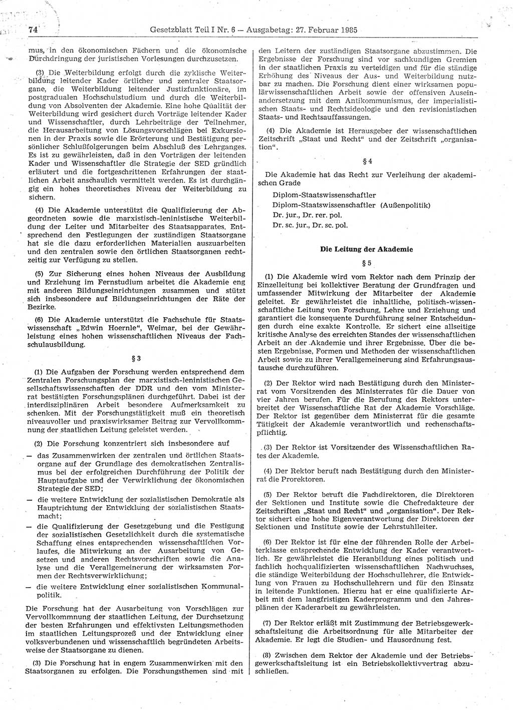 Gesetzblatt (GBl.) der Deutschen Demokratischen Republik (DDR) Teil Ⅰ 1985, Seite 74 (GBl. DDR Ⅰ 1985, S. 74)