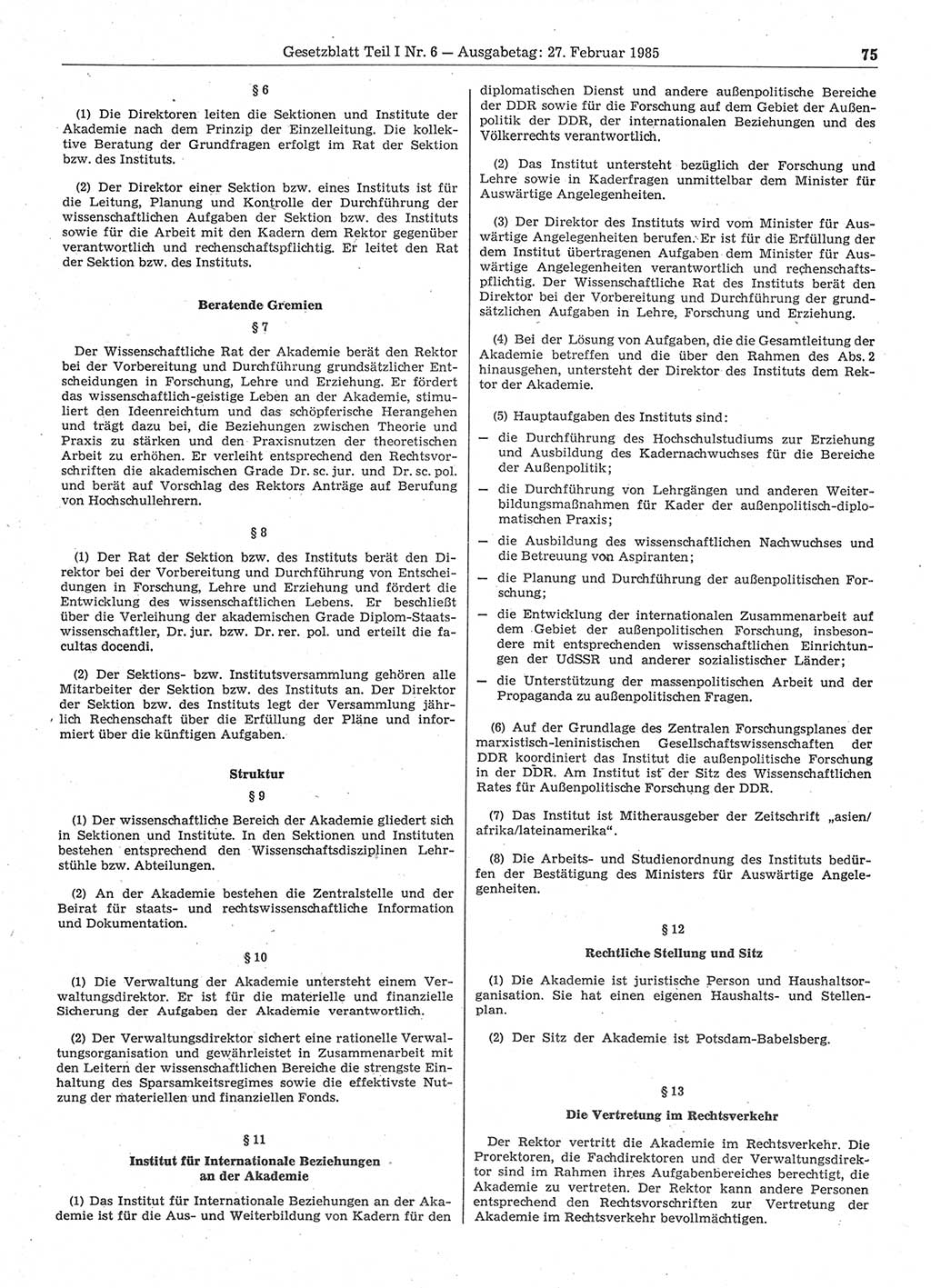 Gesetzblatt (GBl.) der Deutschen Demokratischen Republik (DDR) Teil Ⅰ 1985, Seite 75 (GBl. DDR Ⅰ 1985, S. 75)