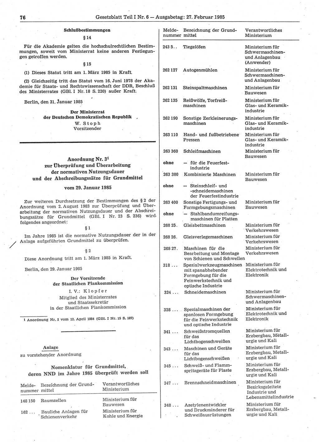 Gesetzblatt (GBl.) der Deutschen Demokratischen Republik (DDR) Teil Ⅰ 1985, Seite 76 (GBl. DDR Ⅰ 1985, S. 76)