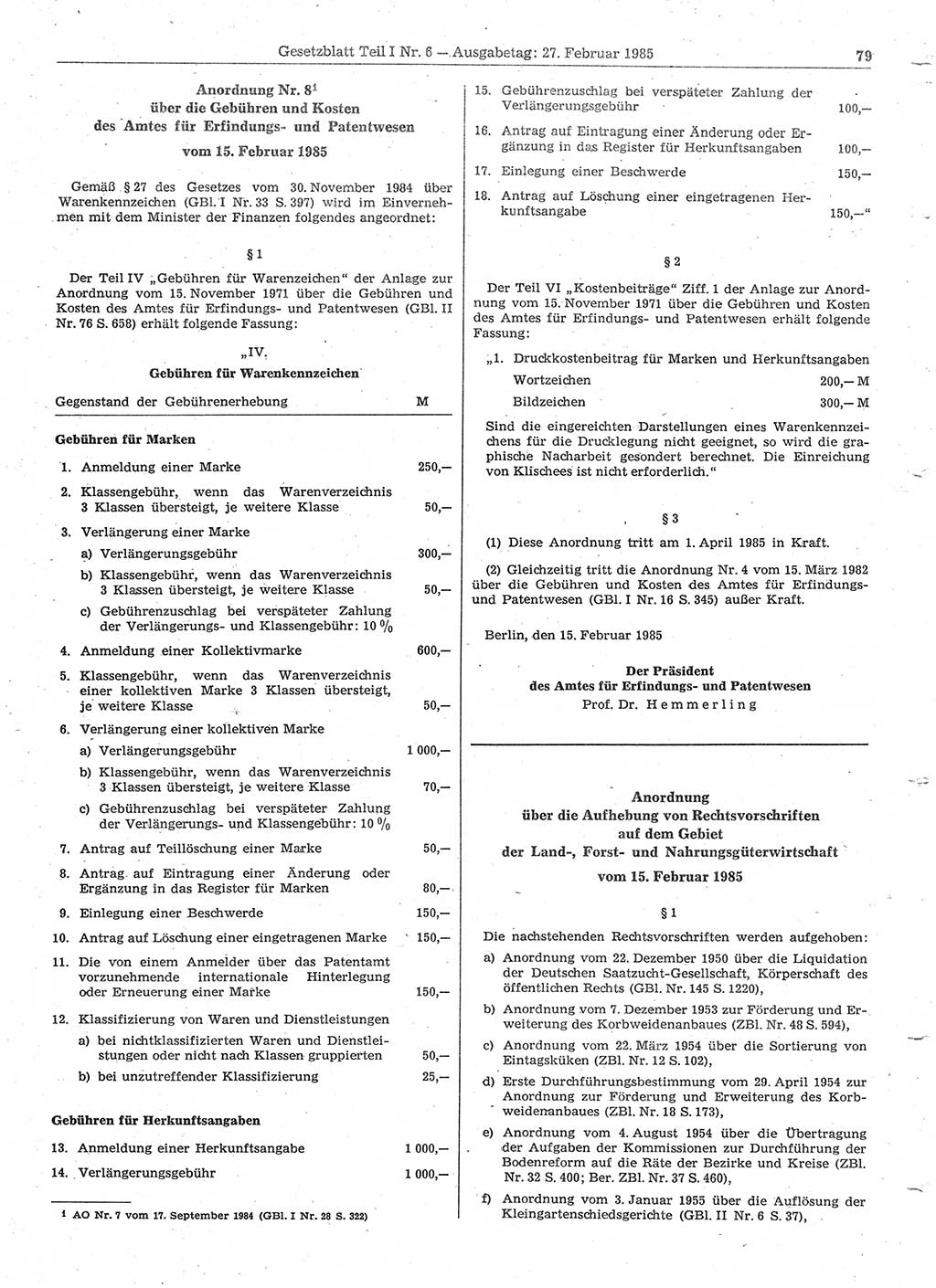 Gesetzblatt (GBl.) der Deutschen Demokratischen Republik (DDR) Teil Ⅰ 1985, Seite 79 (GBl. DDR Ⅰ 1985, S. 79)