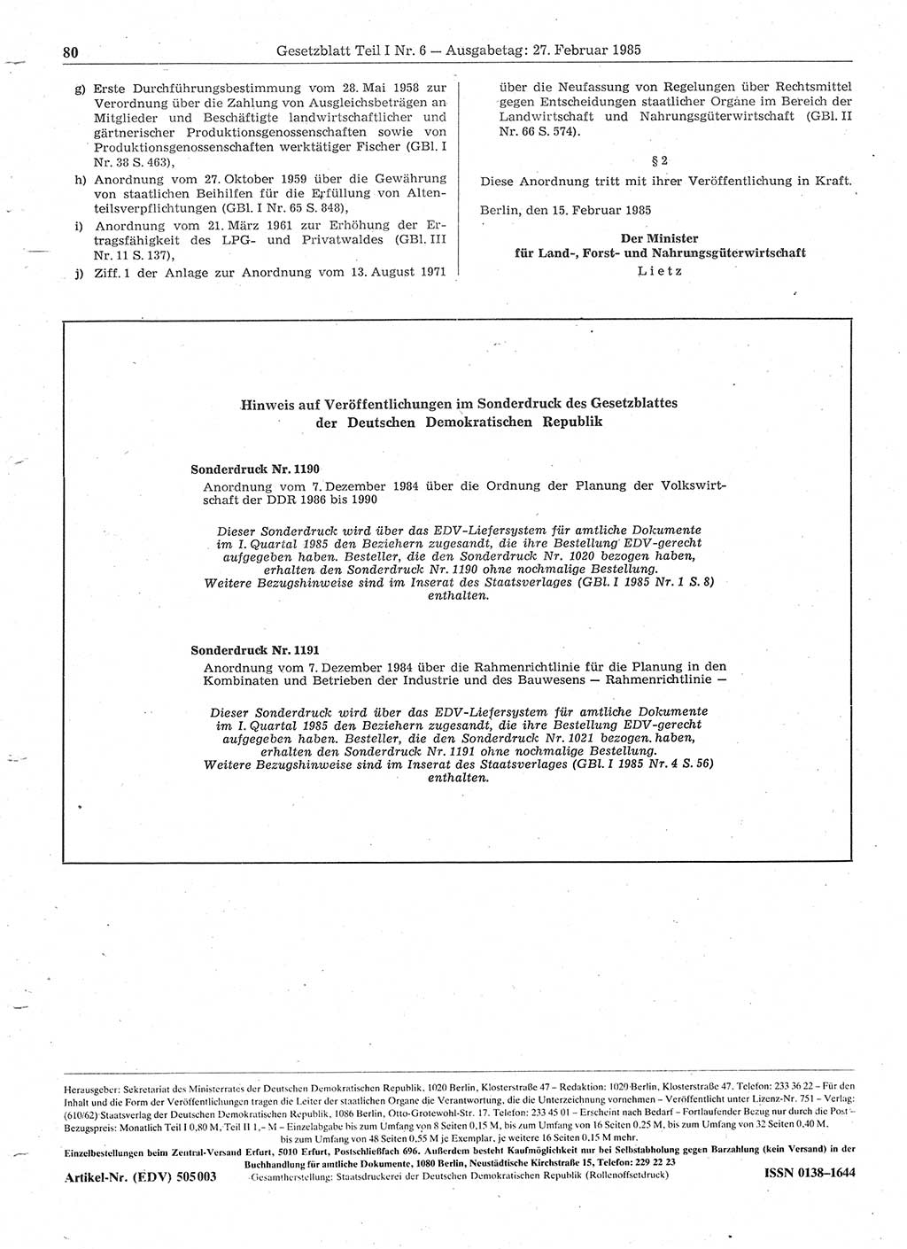 Gesetzblatt (GBl.) der Deutschen Demokratischen Republik (DDR) Teil Ⅰ 1985, Seite 80 (GBl. DDR Ⅰ 1985, S. 80)