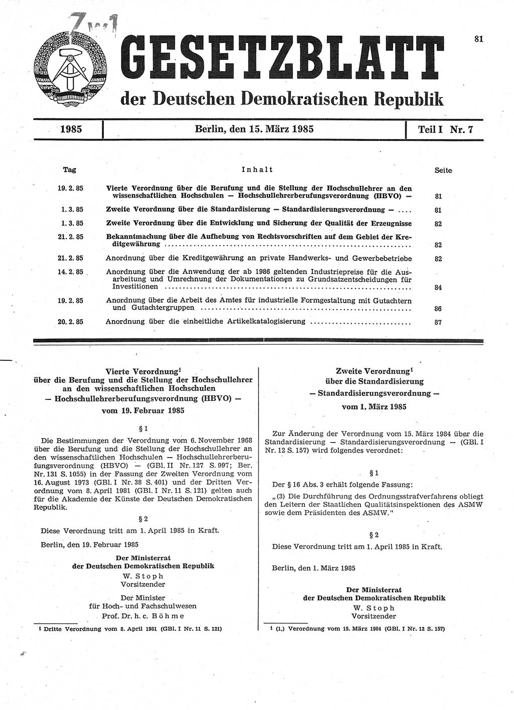 Gesetzblatt (GBl.) der Deutschen Demokratischen Republik (DDR) Teil Ⅰ 1985, Seite 81 (GBl. DDR Ⅰ 1985, S. 81)