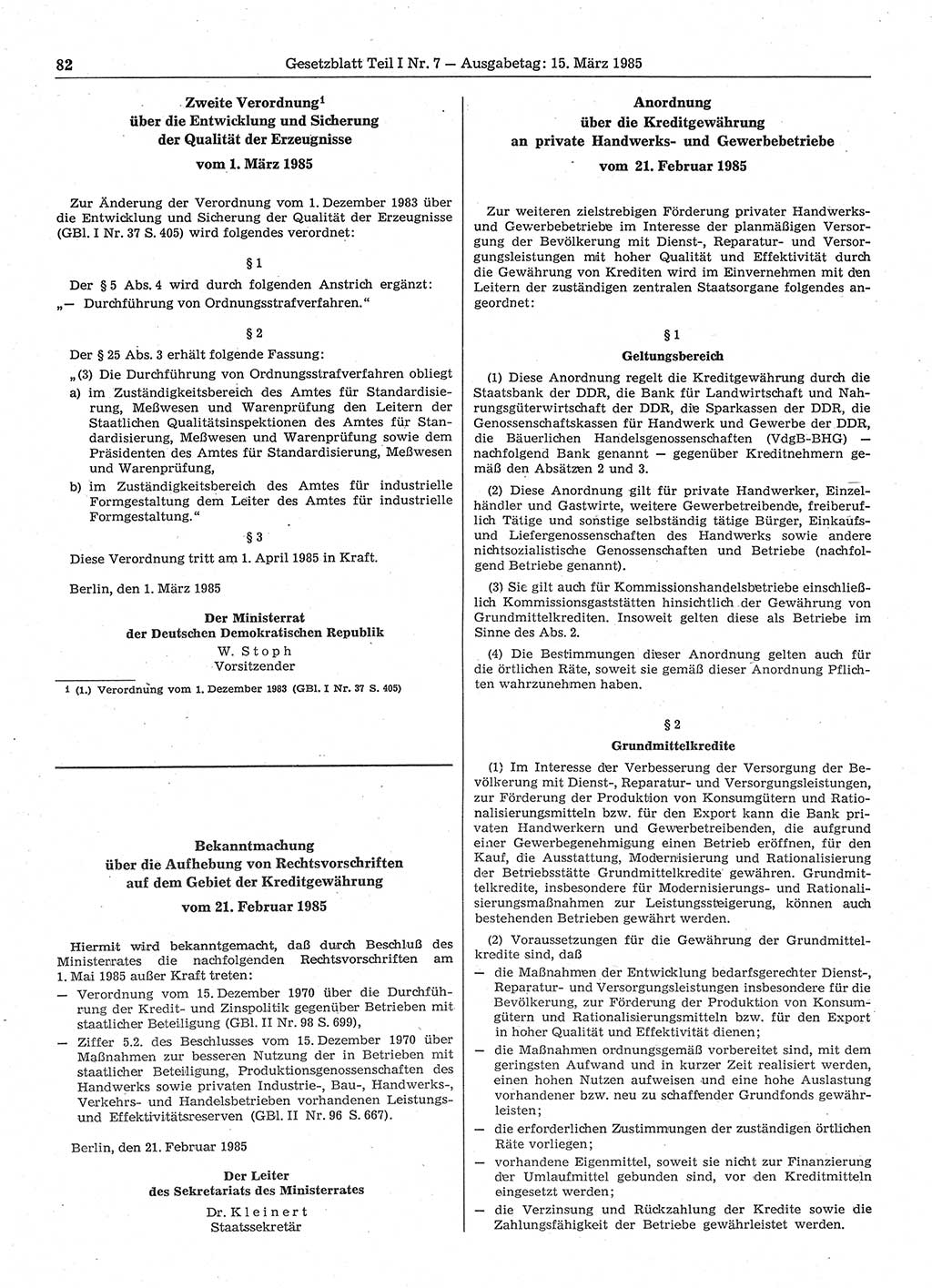 Gesetzblatt (GBl.) der Deutschen Demokratischen Republik (DDR) Teil Ⅰ 1985, Seite 82 (GBl. DDR Ⅰ 1985, S. 82)