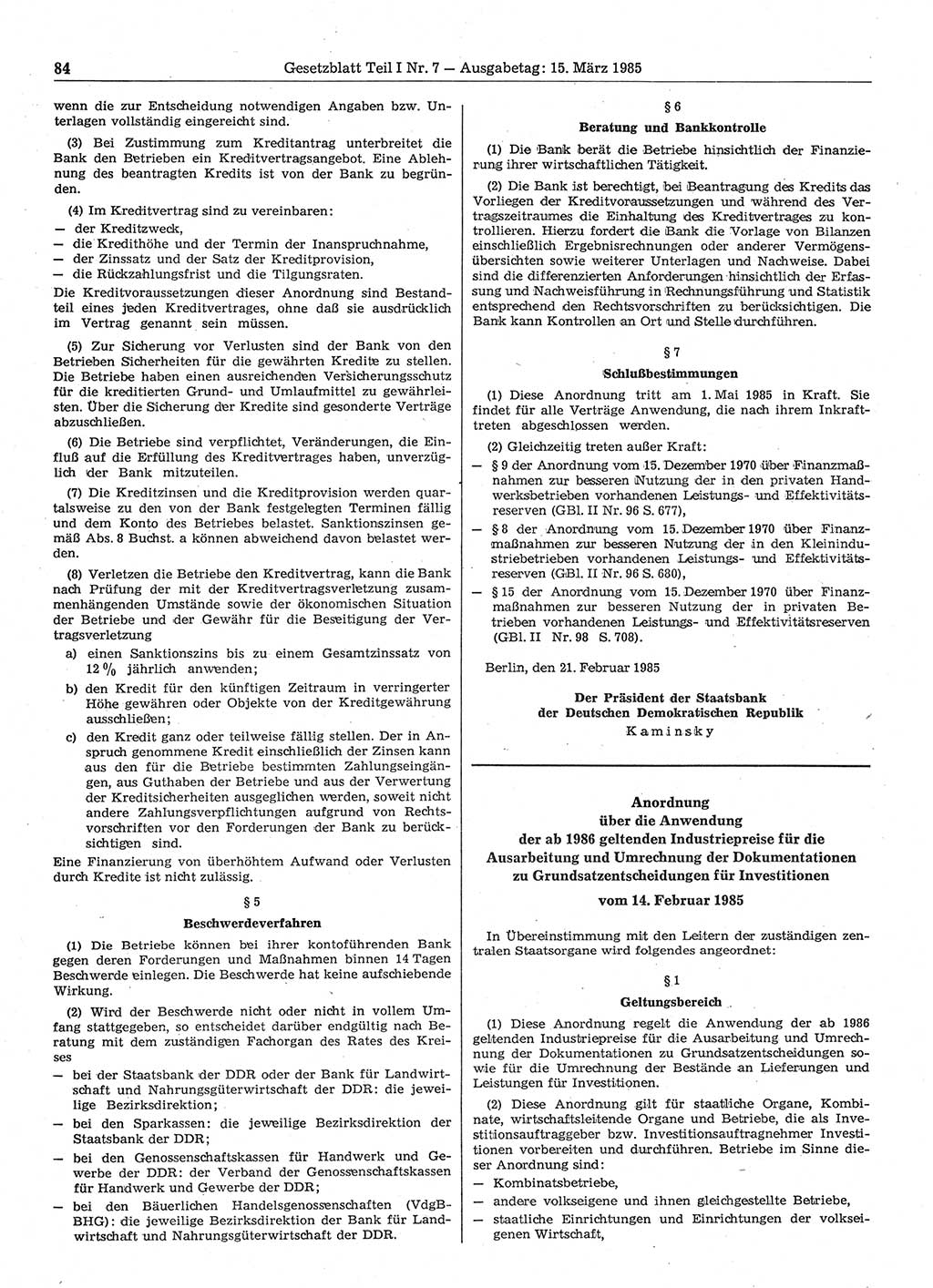 Gesetzblatt (GBl.) der Deutschen Demokratischen Republik (DDR) Teil Ⅰ 1985, Seite 84 (GBl. DDR Ⅰ 1985, S. 84)