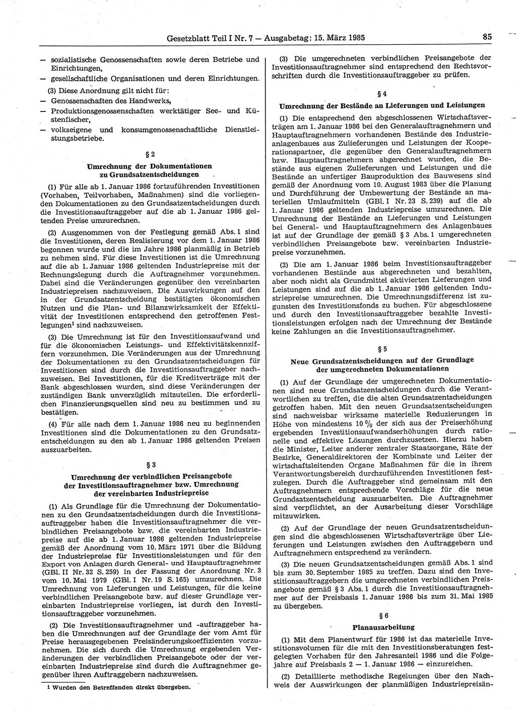 Gesetzblatt (GBl.) der Deutschen Demokratischen Republik (DDR) Teil Ⅰ 1985, Seite 85 (GBl. DDR Ⅰ 1985, S. 85)