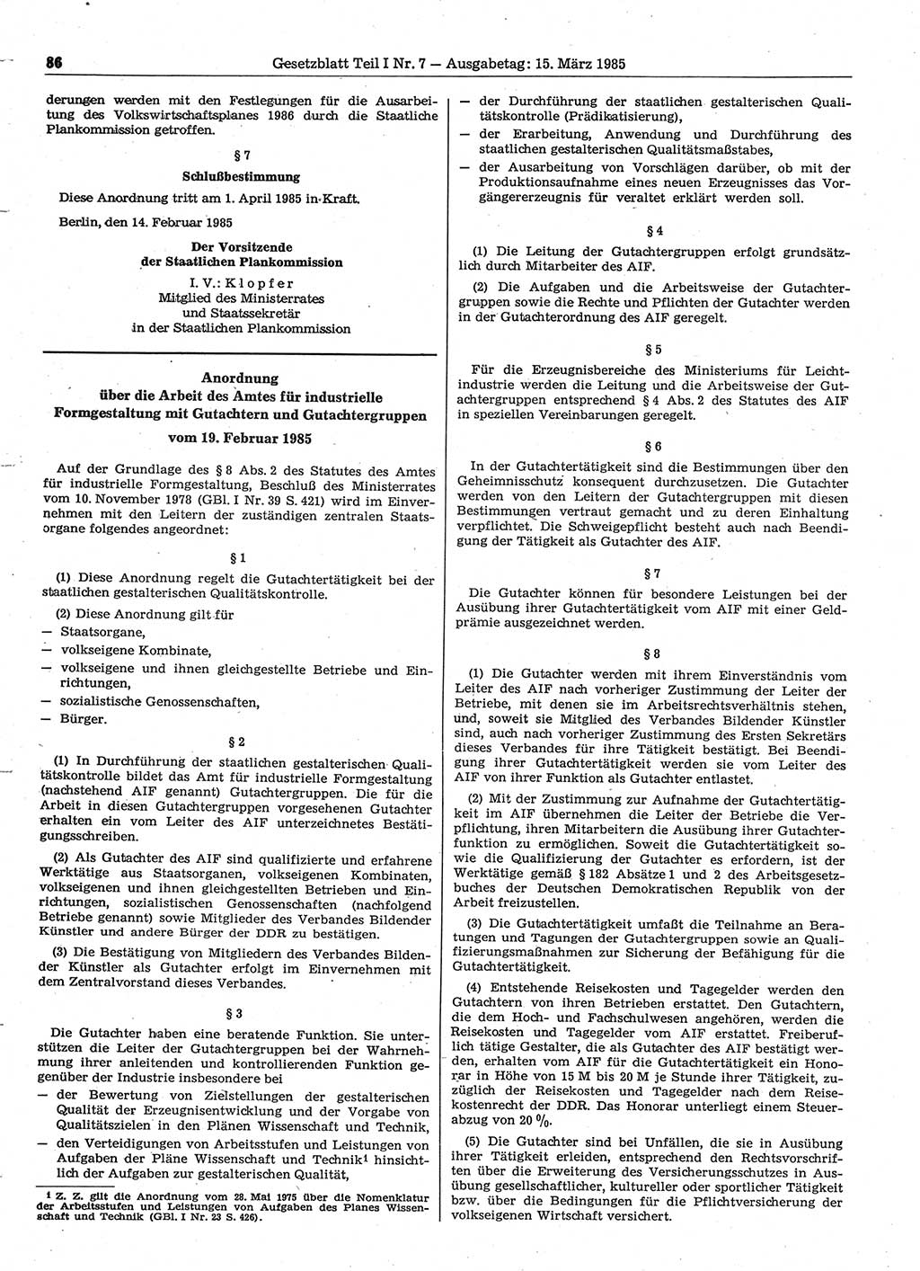 Gesetzblatt (GBl.) der Deutschen Demokratischen Republik (DDR) Teil Ⅰ 1985, Seite 86 (GBl. DDR Ⅰ 1985, S. 86)