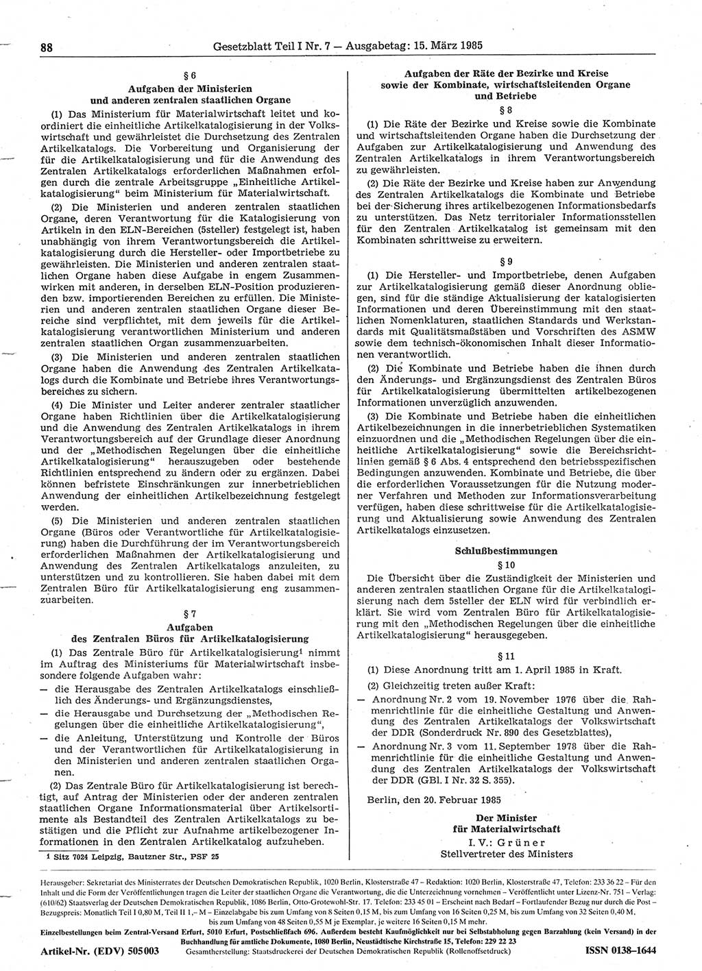 Gesetzblatt (GBl.) der Deutschen Demokratischen Republik (DDR) Teil Ⅰ 1985, Seite 88 (GBl. DDR Ⅰ 1985, S. 88)