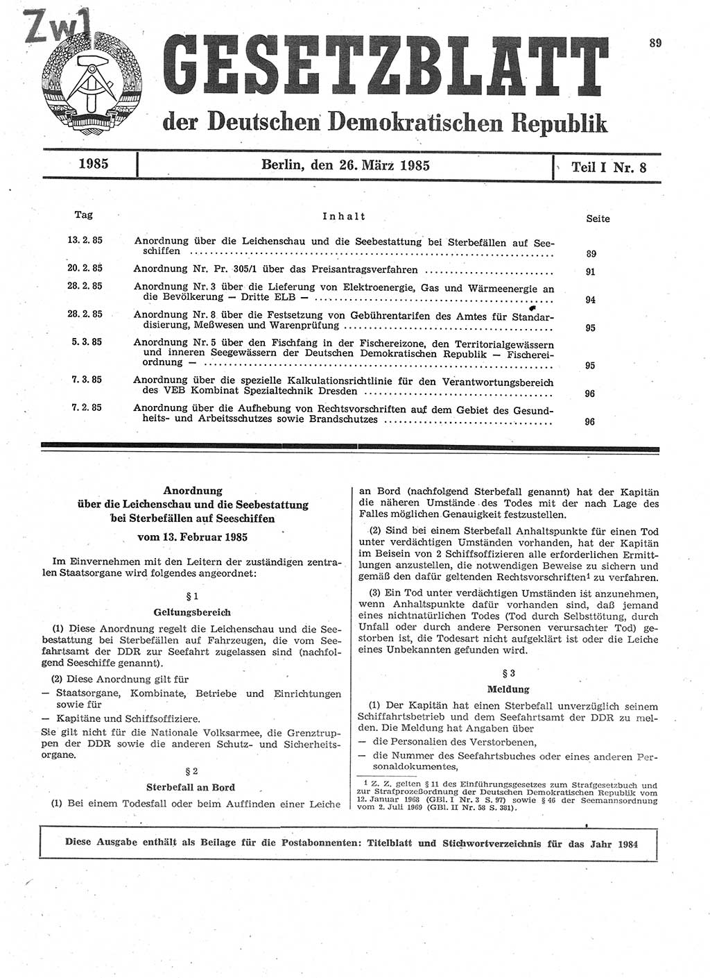 Gesetzblatt (GBl.) der Deutschen Demokratischen Republik (DDR) Teil Ⅰ 1985, Seite 89 (GBl. DDR Ⅰ 1985, S. 89)