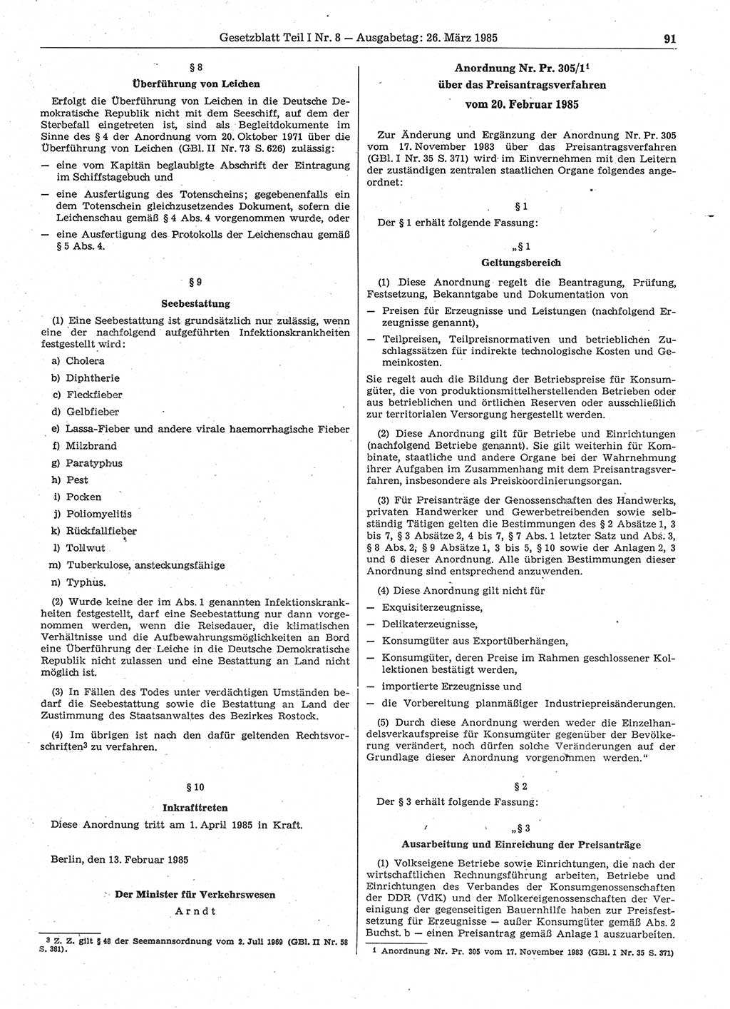Gesetzblatt (GBl.) der Deutschen Demokratischen Republik (DDR) Teil Ⅰ 1985, Seite 91 (GBl. DDR Ⅰ 1985, S. 91)