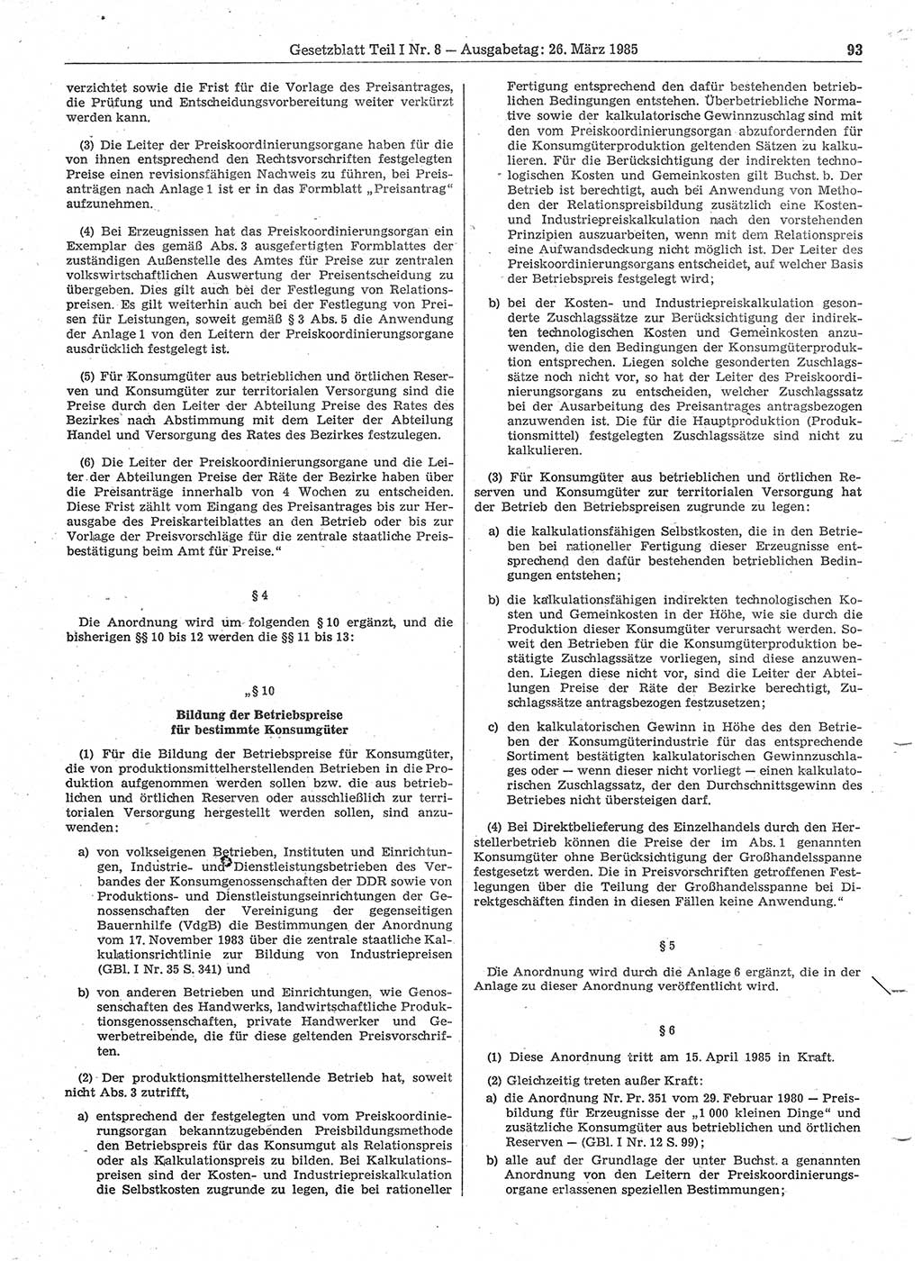 Gesetzblatt (GBl.) der Deutschen Demokratischen Republik (DDR) Teil Ⅰ 1985, Seite 93 (GBl. DDR Ⅰ 1985, S. 93)