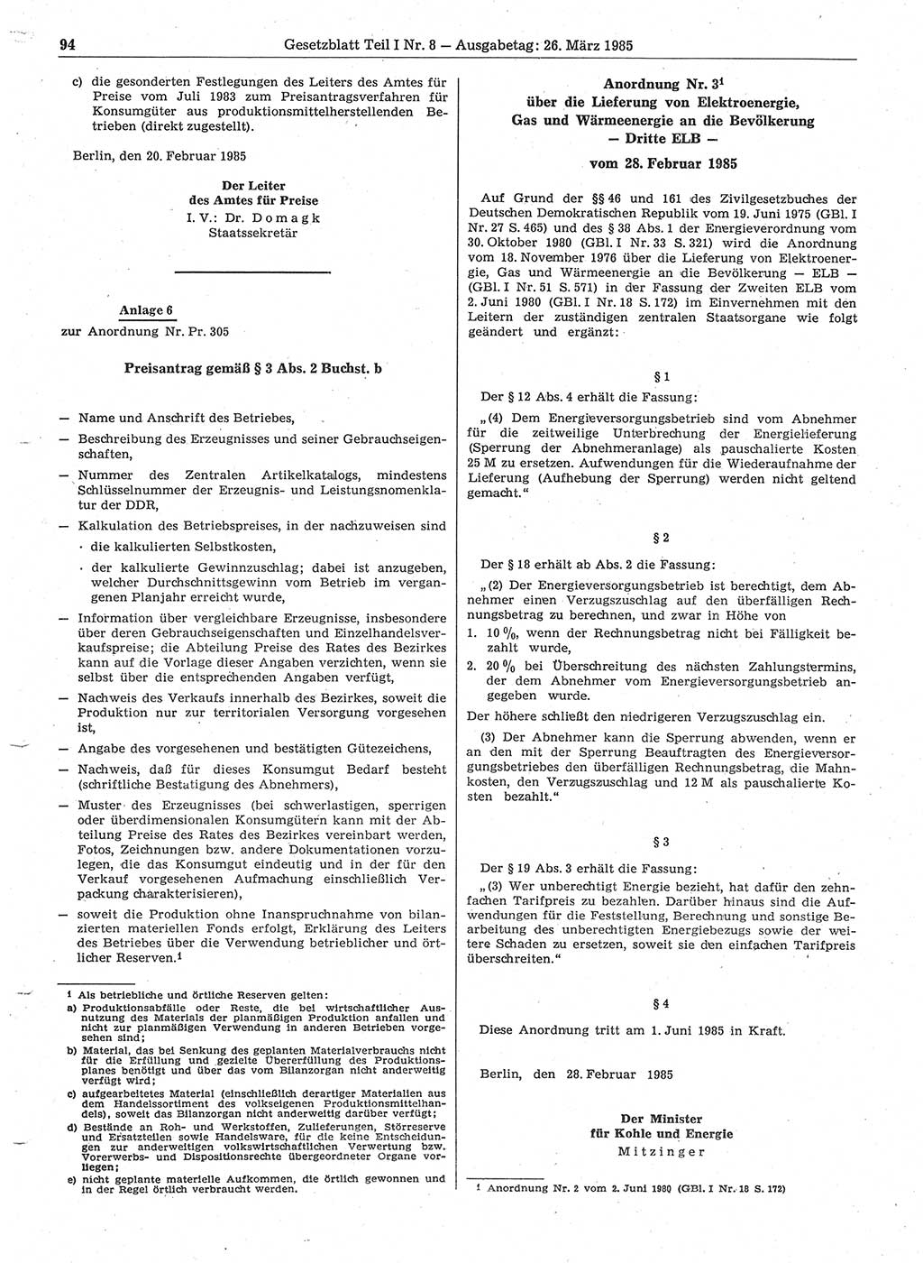 Gesetzblatt (GBl.) der Deutschen Demokratischen Republik (DDR) Teil Ⅰ 1985, Seite 94 (GBl. DDR Ⅰ 1985, S. 94)