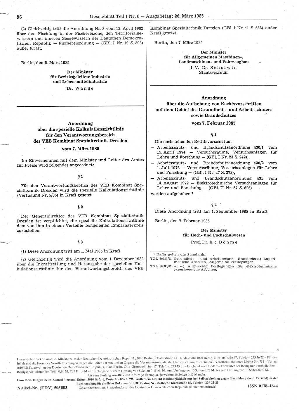 Gesetzblatt (GBl.) der Deutschen Demokratischen Republik (DDR) Teil Ⅰ 1985, Seite 96 (GBl. DDR Ⅰ 1985, S. 96)