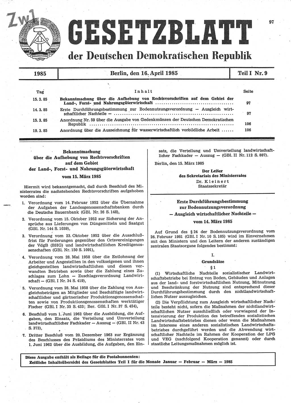 Gesetzblatt (GBl.) der Deutschen Demokratischen Republik (DDR) Teil Ⅰ 1985, Seite 97 (GBl. DDR Ⅰ 1985, S. 97)