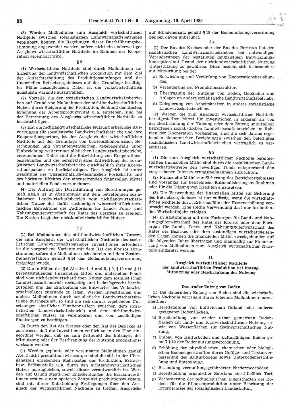 Gesetzblatt (GBl.) der Deutschen Demokratischen Republik (DDR) Teil Ⅰ 1985, Seite 98 (GBl. DDR Ⅰ 1985, S. 98)