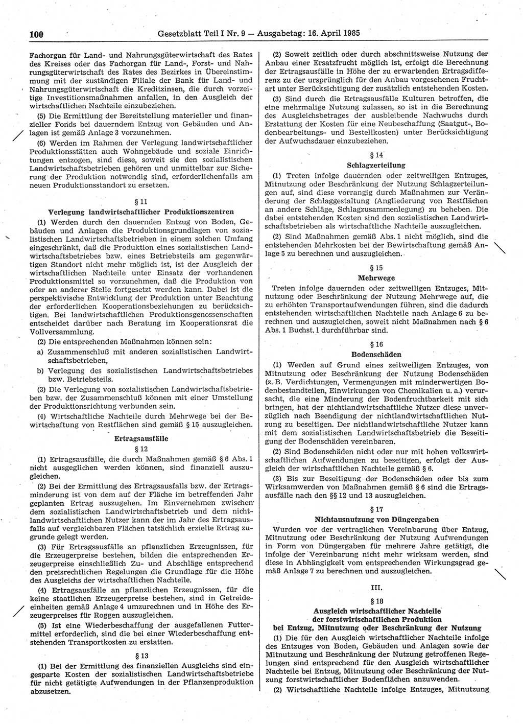 Gesetzblatt (GBl.) der Deutschen Demokratischen Republik (DDR) Teil Ⅰ 1985, Seite 100 (GBl. DDR Ⅰ 1985, S. 100)